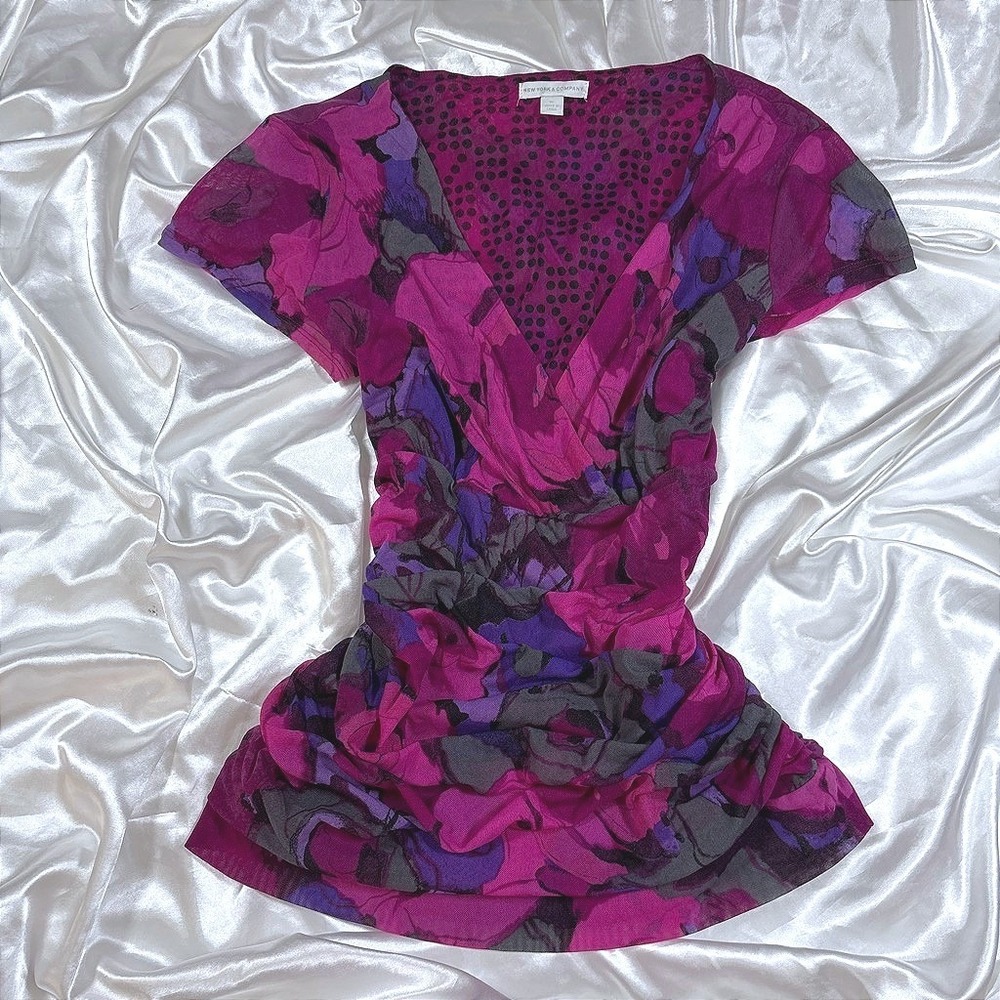 y2k Blouse Purple Excellent Floral Ruched Mesh V-Neck Top New York & Company XL